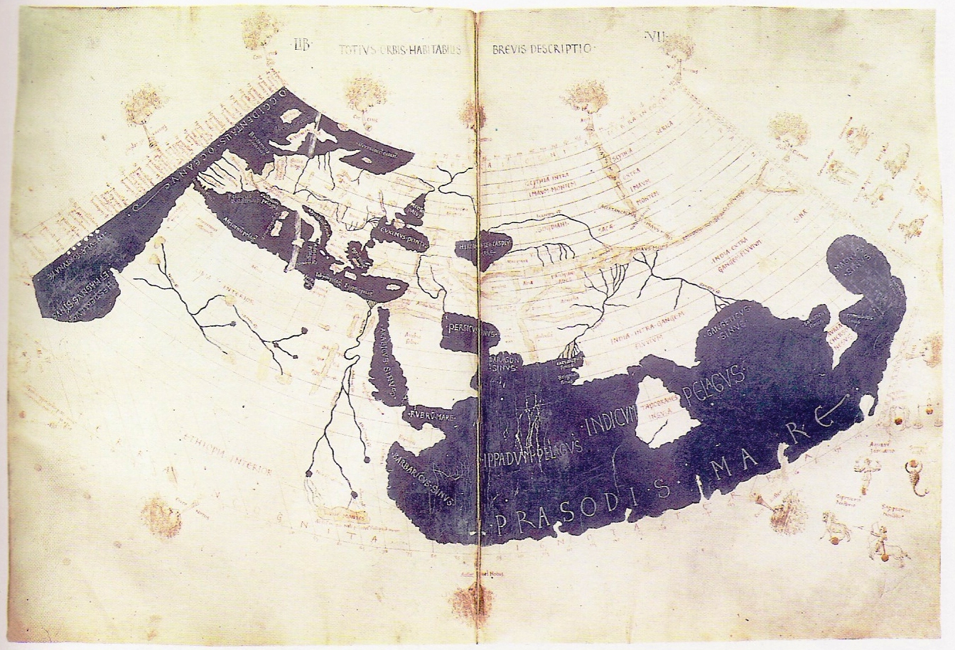 A 15th-century manuscript copy of the Ptolemy world map, reconstituted from Ptolemy's Geographia (circa 150), indicating the countries of "Serica" and "Sinae" (China) at the extreme east, beyond the island of "Taprobane" (Sri Lanka, oversized) and the "Aurea Chersonesus" (Malay Peninsula).